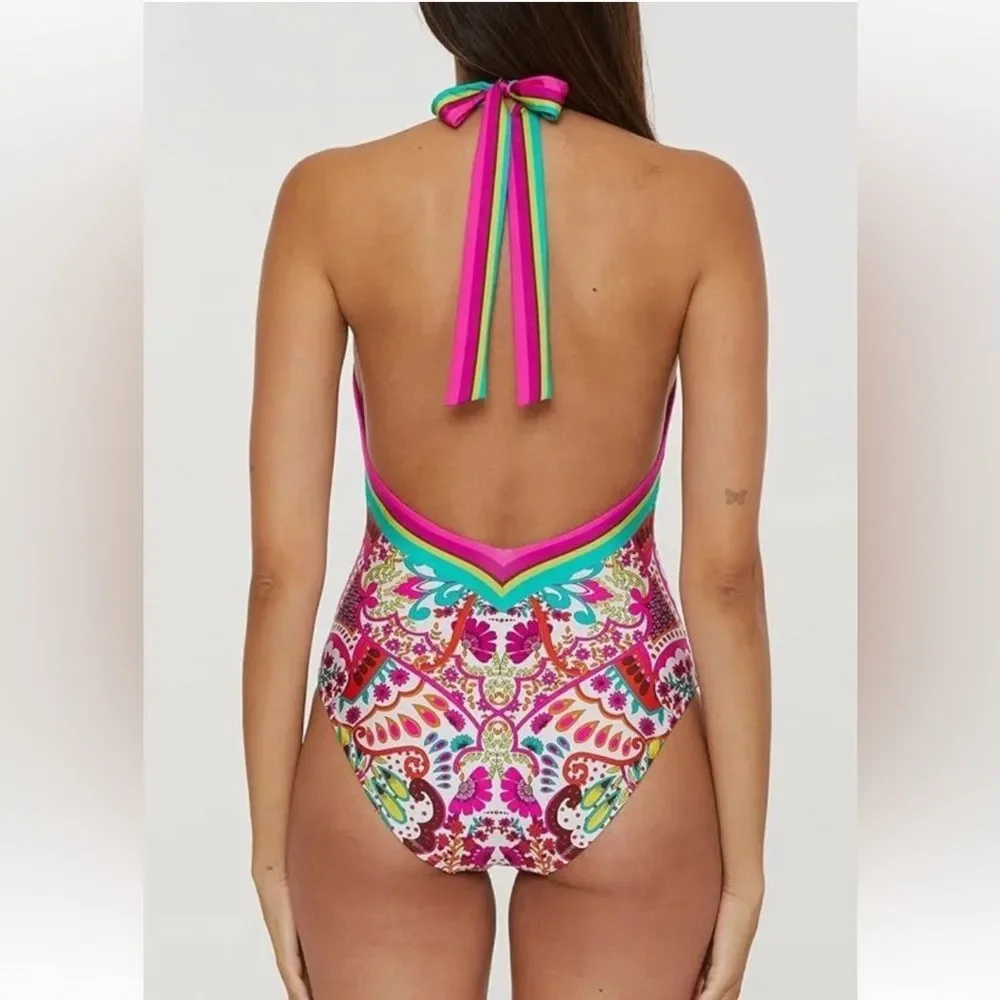 NWT Trina Turk Hawaiian Garden Border Halter Plunge One Piece Swimsuit-Size 14 - Picture 2 of 9